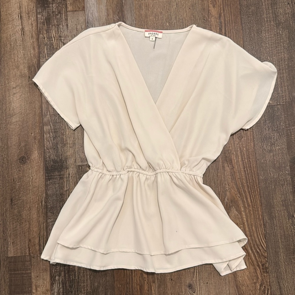 V Neck Cream Colored Blouse by Andree Size Small